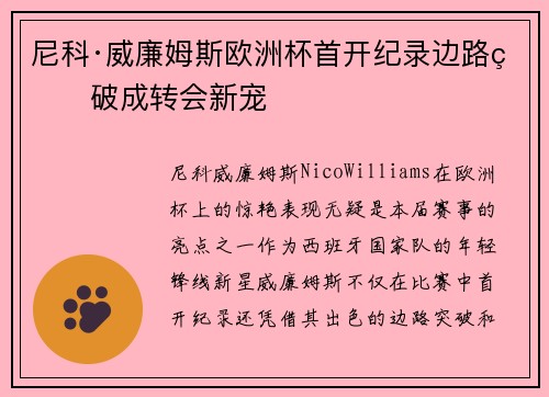 尼科·威廉姆斯欧洲杯首开纪录边路爆破成转会新宠