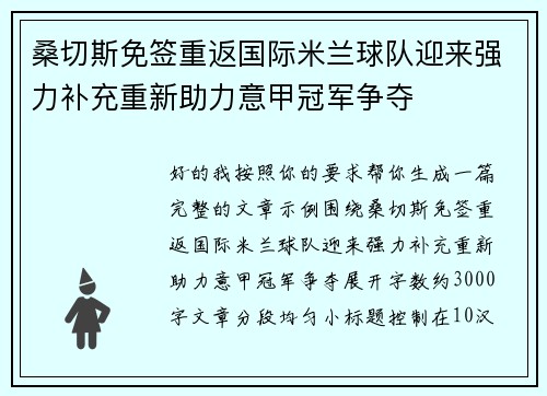 桑切斯免签重返国际米兰球队迎来强力补充重新助力意甲冠军争夺